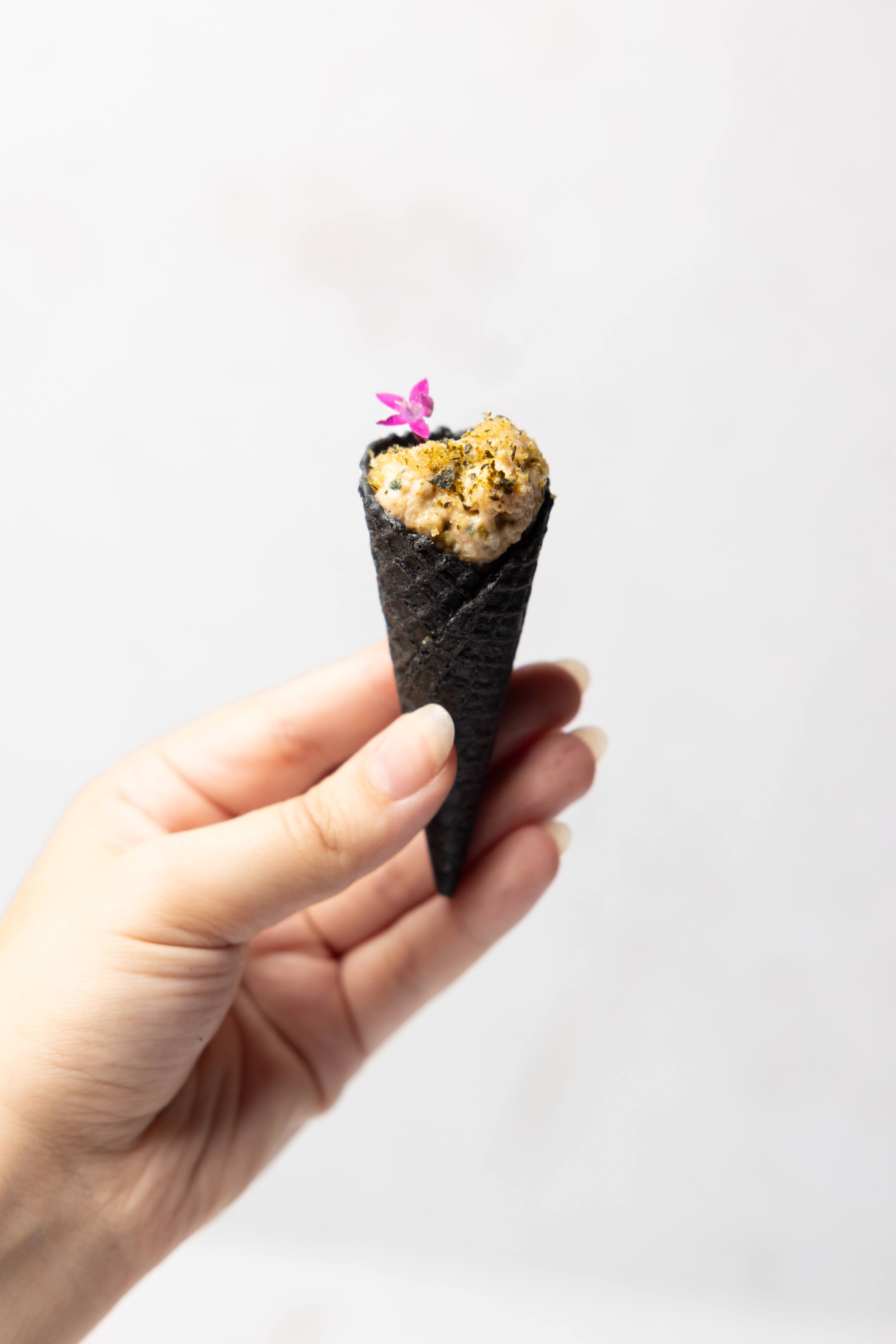 Smoked Chicken Waffle Cone, crisky skin & kombu dust