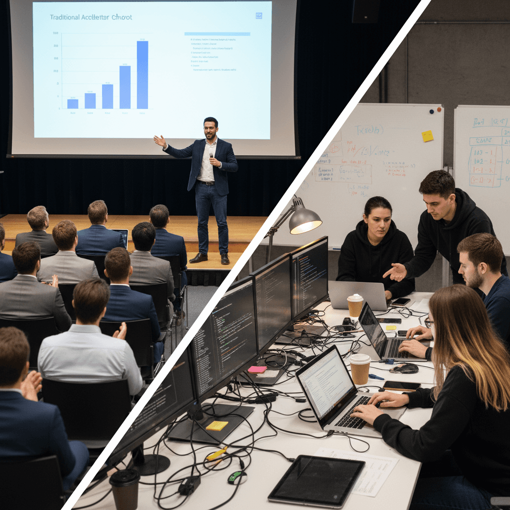 comparison of AI startup accelerator cohort model versus venture studio co-founding model