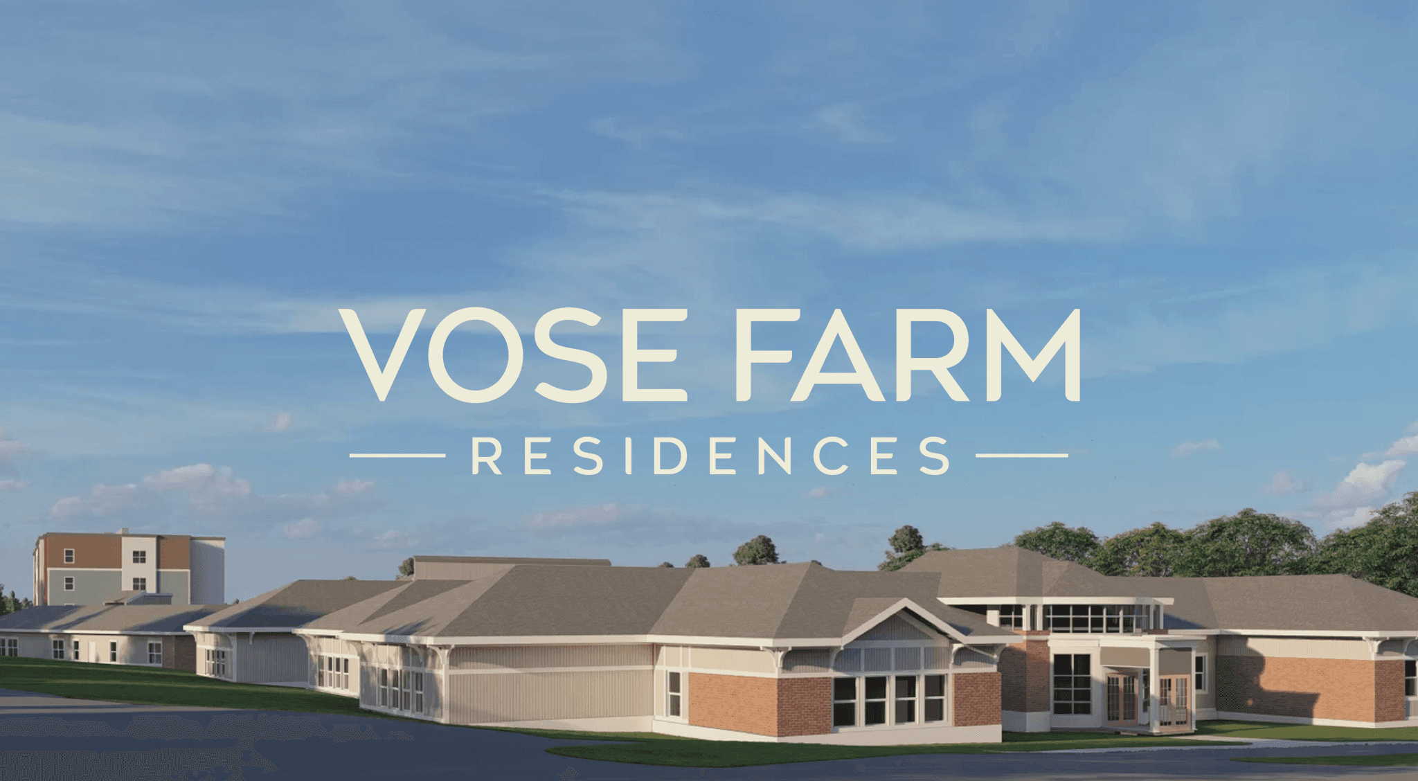 Graphic design mockup of a header for Vose Farm Residences — earthy, clean wordmark logo of a house and river with a clean sans serif typography over an architechural 3D drawing of the apartment complex, designed by Will Lefkovich.