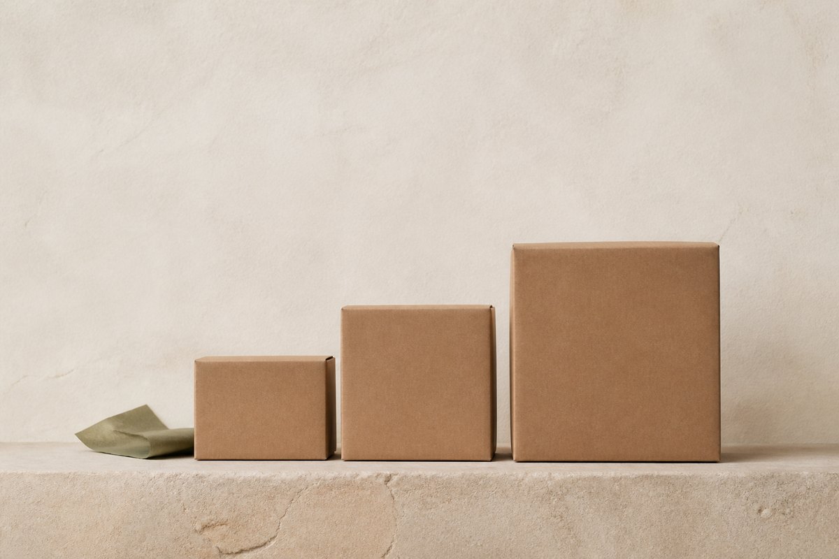Kraft cartons lined against a pale wall under cooler overcast light, reading as a different coast