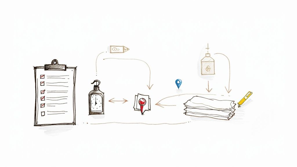 A cleaning cart with fresh linens, cleaning supplies, and a checklist in a vacation rental hallway.