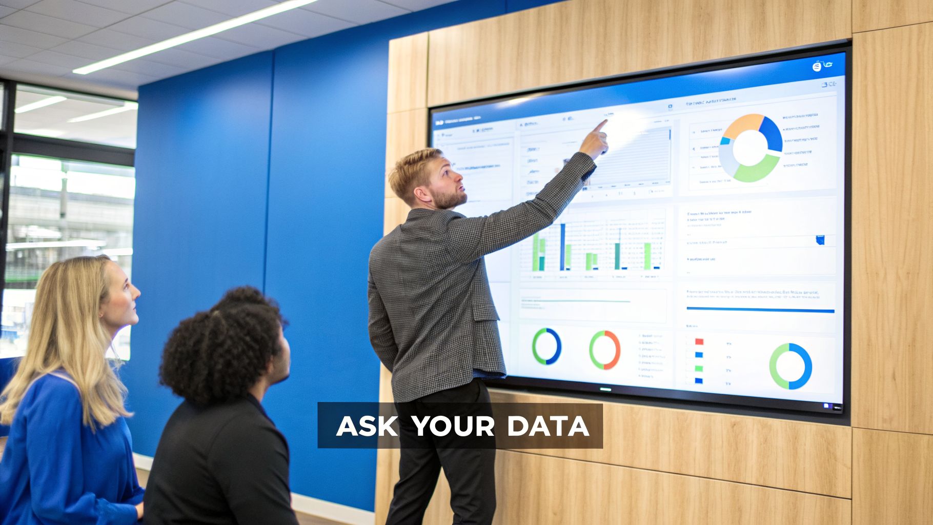 A man presents data visualizations on a large screen to two colleagues in an office.