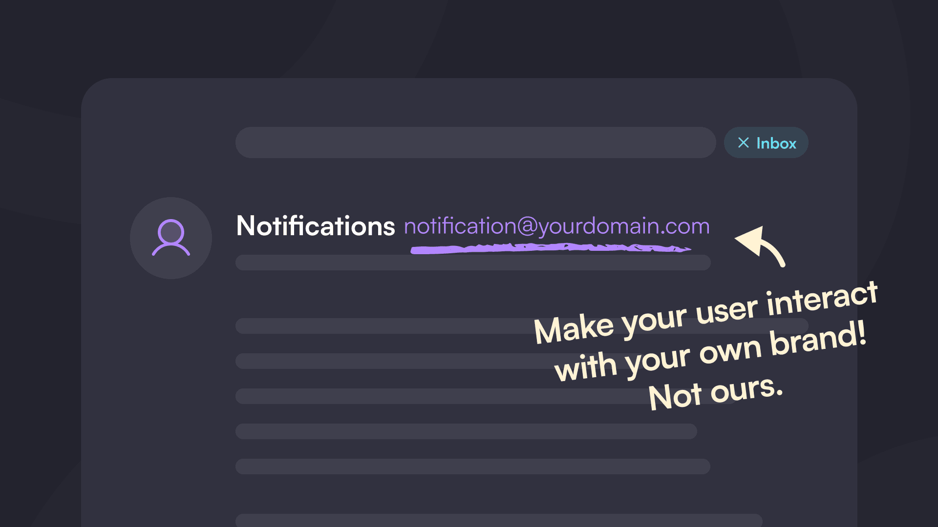 Screenshot of an email inbox with a notification from "yourdomain.com." A highlighted arrow points to the address, with text urging brand personalization.