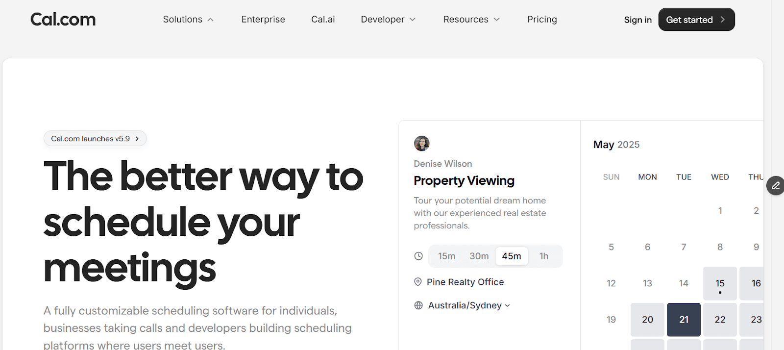 Image showing the homepage of Cal.com which is the best overall med spa scheduling software in 2026