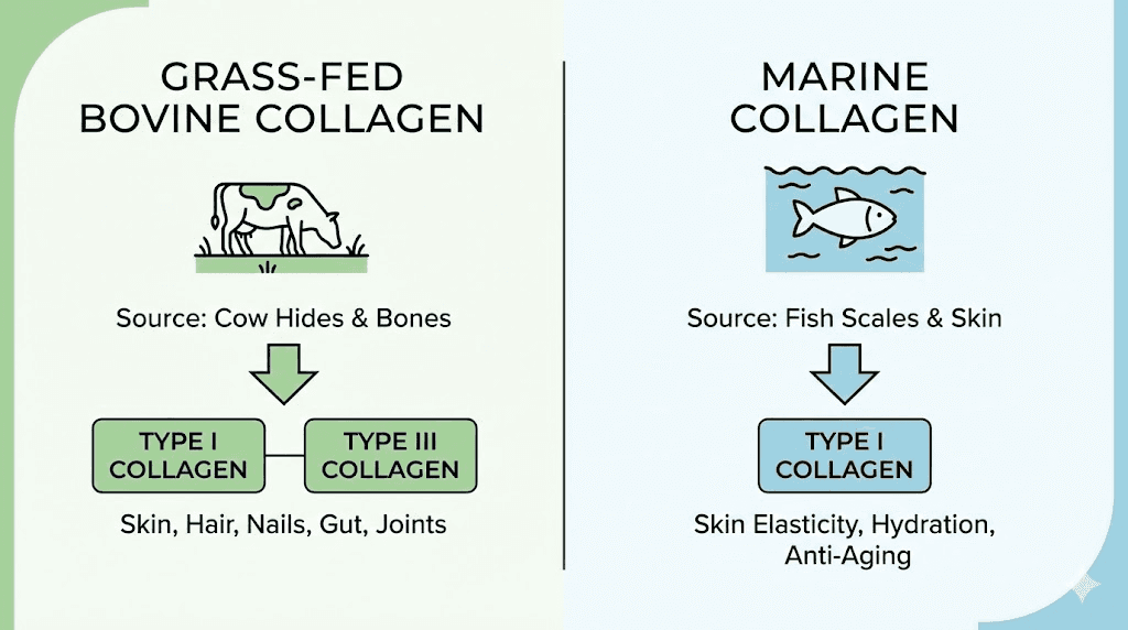 Grass-fed bovine collagen vs marine collagen comparison diagram