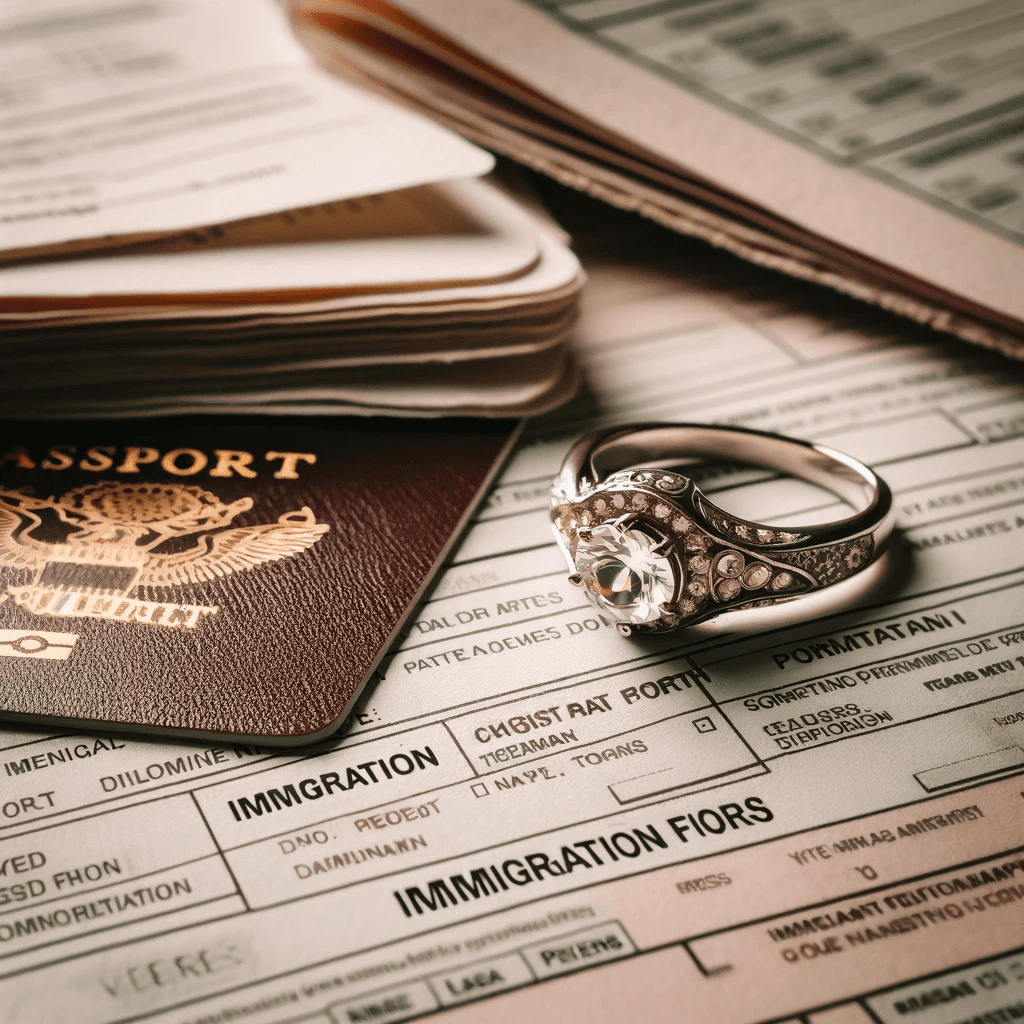 Wedding ring on top of immigration forms and a passport, symbolizing the union of marriage and the legal steps towards a Green Card.