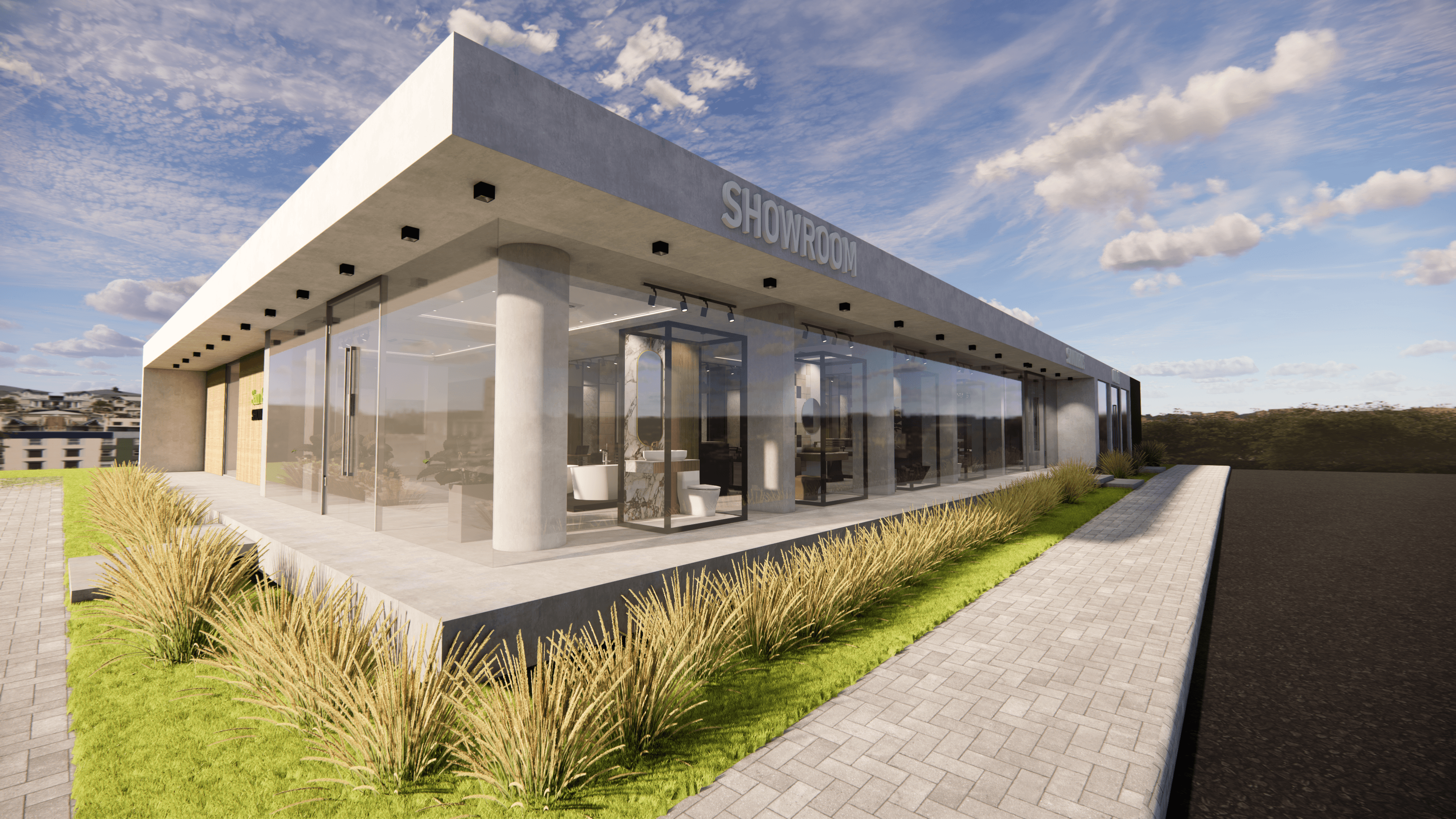 Modern timber-clad residence with horizontal wood facade and geometric volumes set on manicured lawn