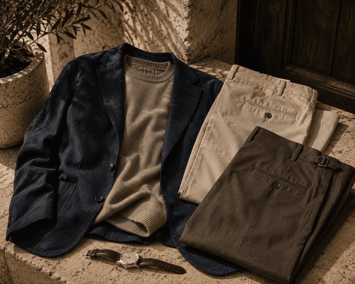 A stylish menswear flatlay arranged on a travertine stone ledge under warm dappled sunlight. The ensemble features an unstructured dark navy blazer laid over a taupe crewneck knit sweater, paired with two neatly folded trousers—one in light beige chino fabric and the other in dark olive green with side adjusters. A brown leather-strap dress watch sits near the bottom, with a potted olive plant visible in the background.
