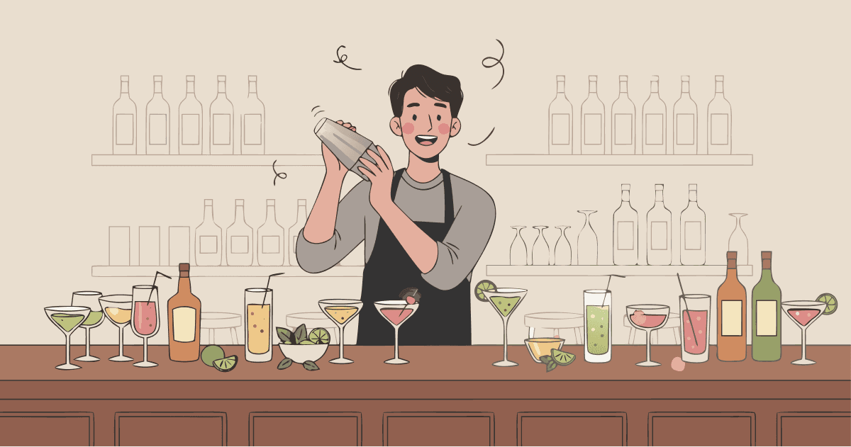 Illustrated young man bartending behind a wooden bar counter, smiling and shaking a cocktail shaker with both hands. He wears a dark apron over a gray long-sleeve shirt. A wide variety of cocktail glasses and bottles are arranged across the bar in front of him - martini glasses, highballs, wine glasses, and colorful drinks in pink, yellow, green, and amber tones. Behind him, two shelves display rows of outlined bottle silhouettes. Warm cream background with small hand-drawn doodle marks scattered around. Flat painterly style, variable linework.