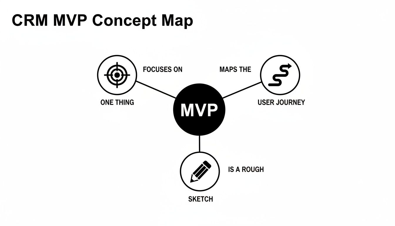 CRM MVP concept map explaining MVP's core aspects: focuses on one thing, maps user journey, rough sketch.