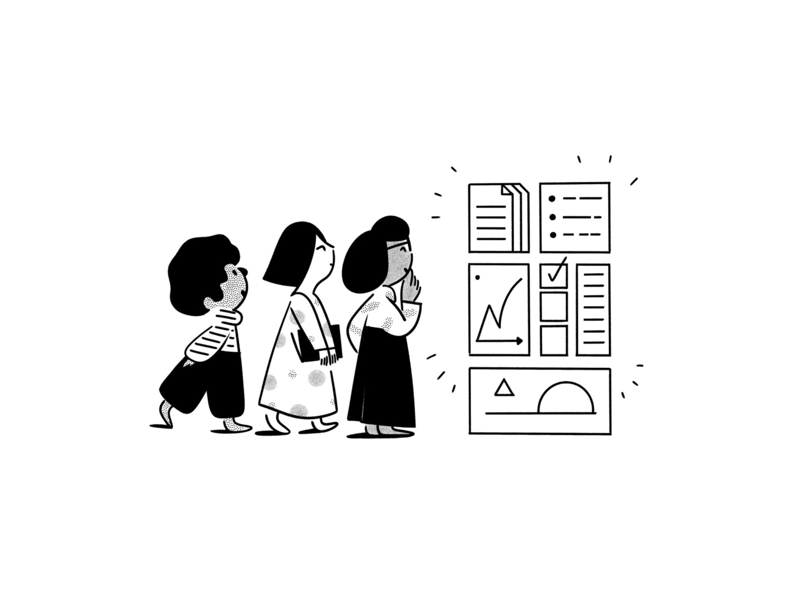 Three illustrated people observe data charts and documents on a white background.
