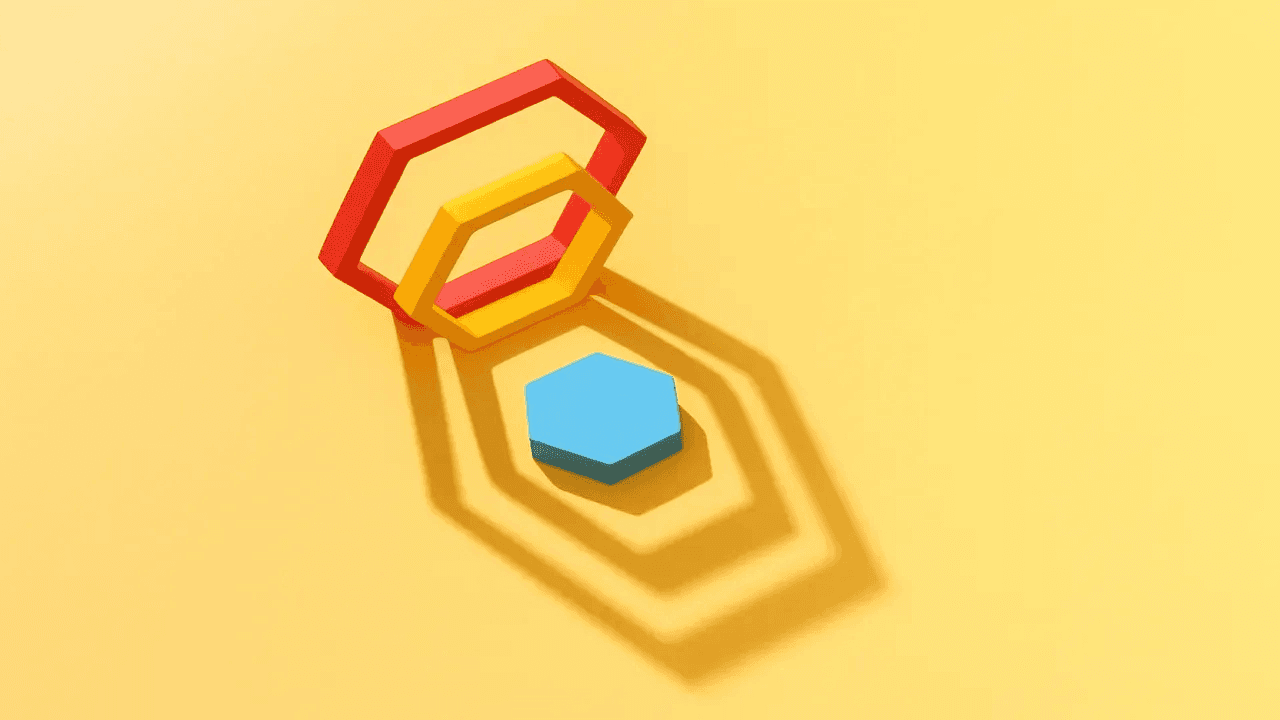 High angle view of yellow, red and blue hexagons on yellow background