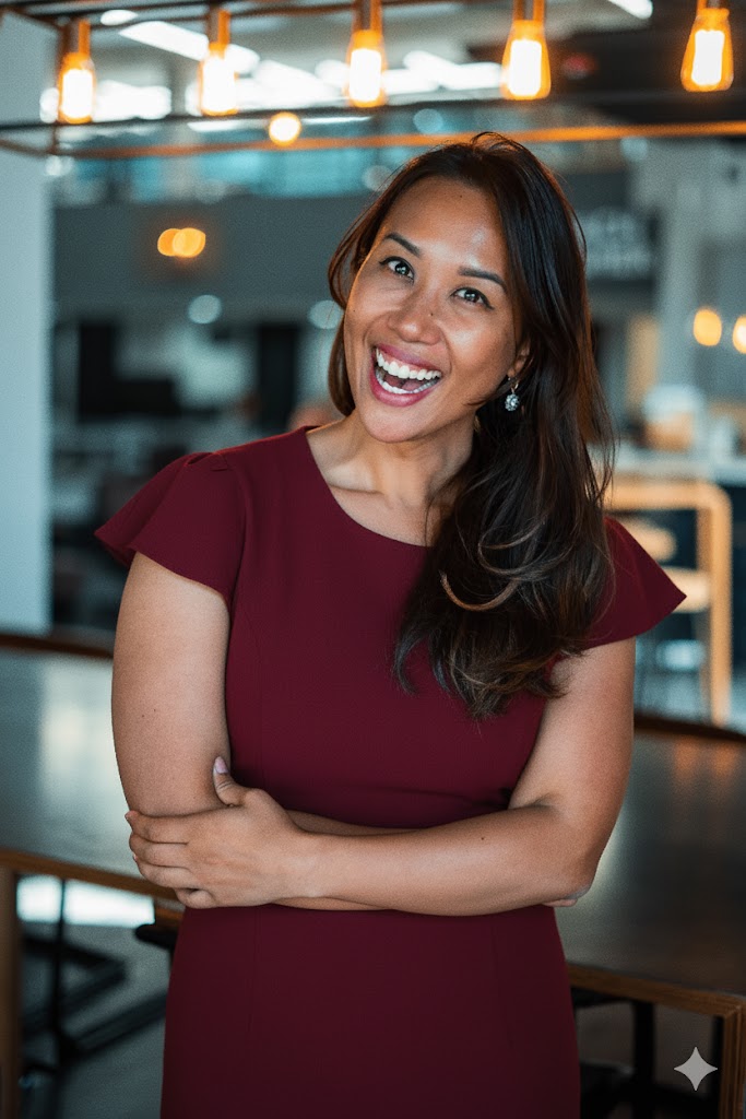 Portrait of a person in a pink sweater against a light background