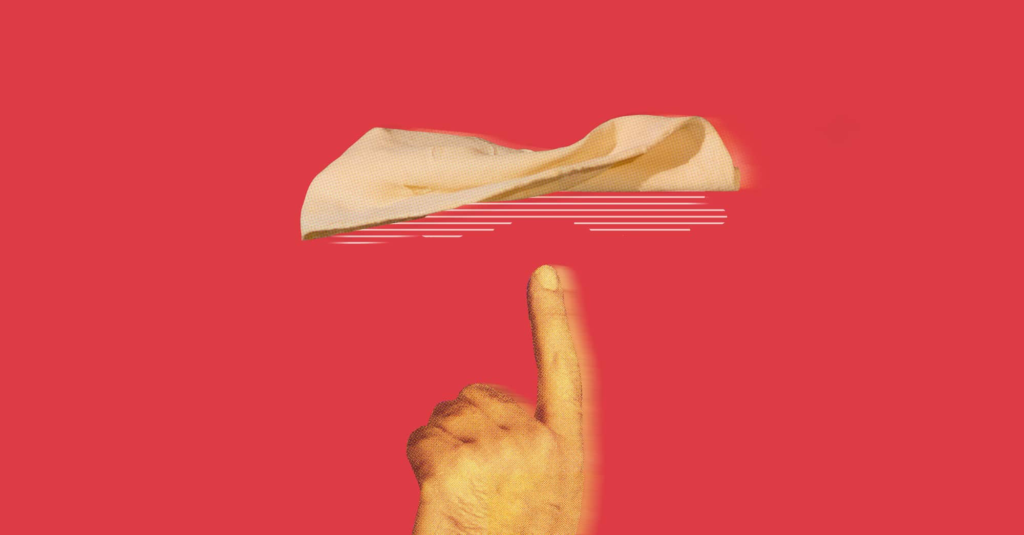 Dedo apuntando hacia un trozo de pan  que gira en un fondo rojo.