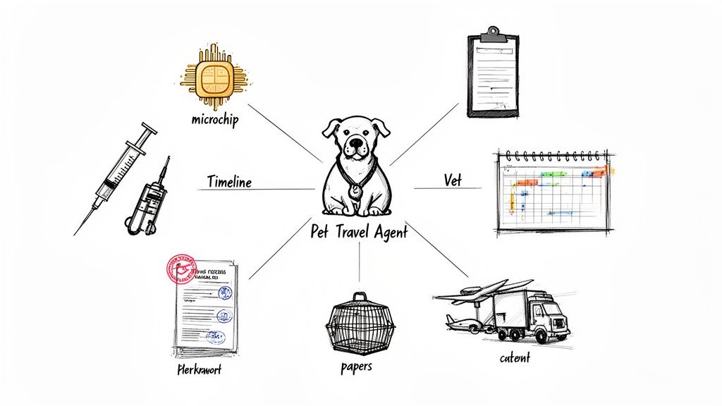 Mind map illustrating pet travel agent services: microchip, vet, timeline, paperwork, pet carrier, and transportation.