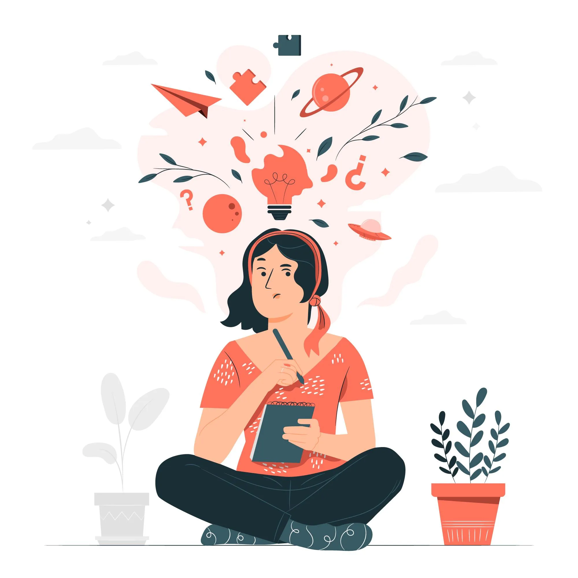 Illustration of a woman sitting cross-legged with a notepad, surrounded by symbols of creativity and ideas