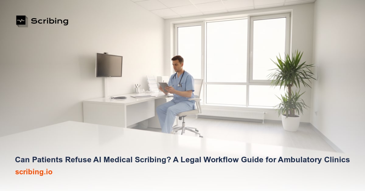 Ambulatory clinic setting depicting a doctor-patient conversation about AI medical scribing consent and refusal workflow