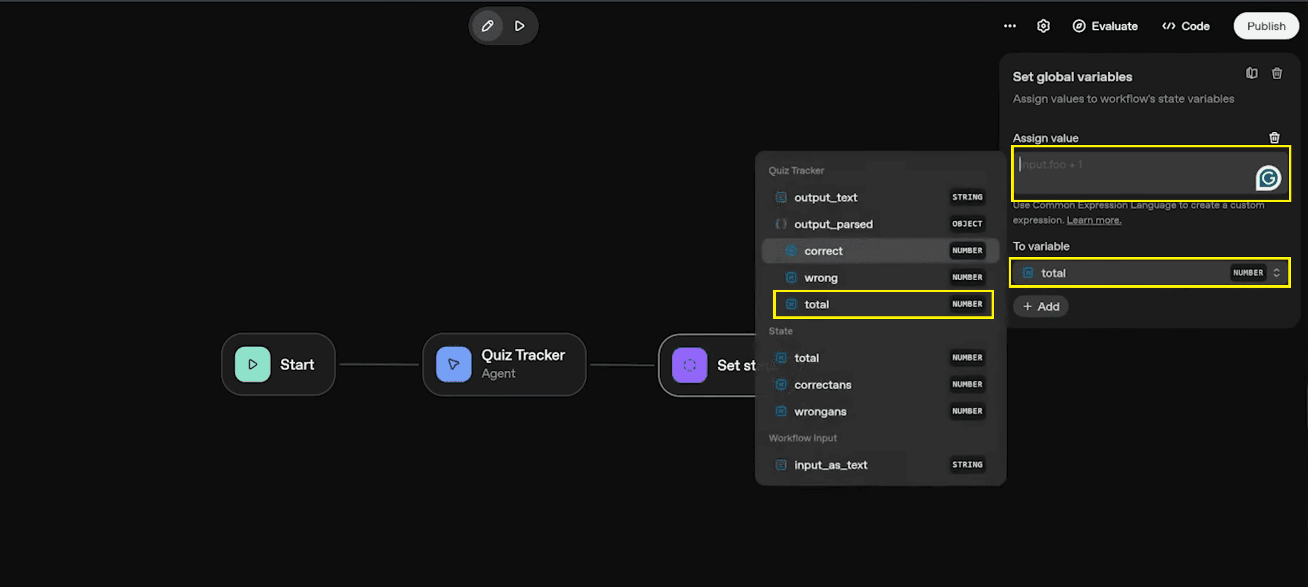 9. set state - set global variable - to variable total, assign value total