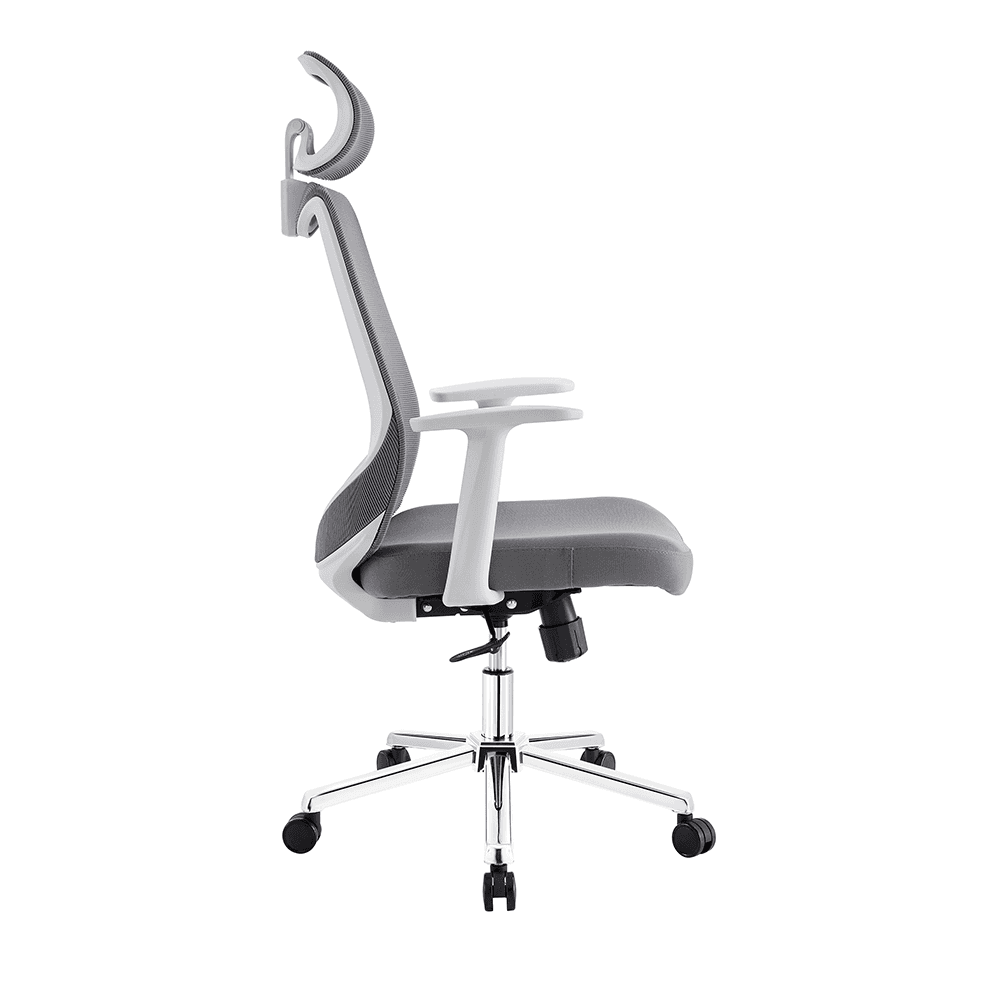 The image shows a modern computer desk chair with an ergonomic design, featuring a high backrest, adjustable armrests, and a swivel base with caster wheels in a sleek gray and white color scheme.