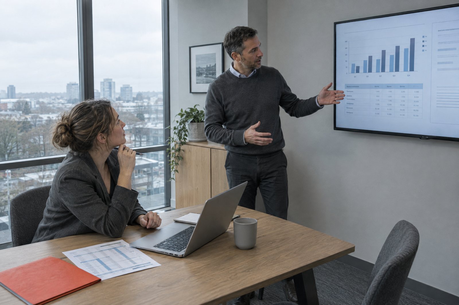 A marketing manager walks the founder of a B2B services company through quarterly results on a wall screen