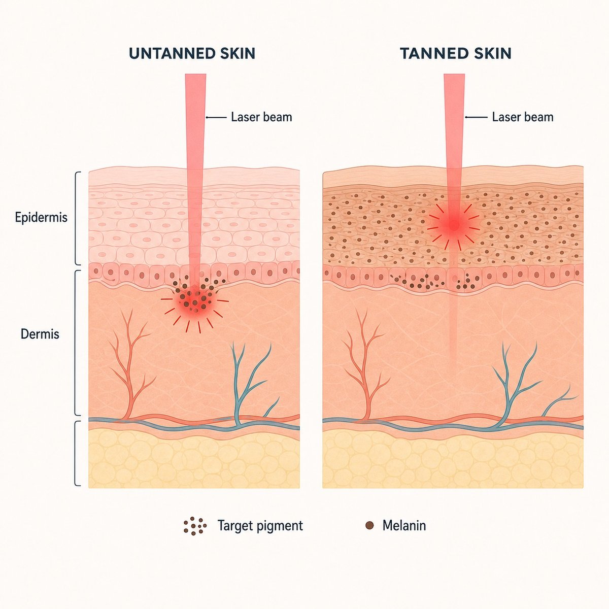 Cross-section illustration comparing how pigment laser energy is absorbed in untanned skin versus tanned skin