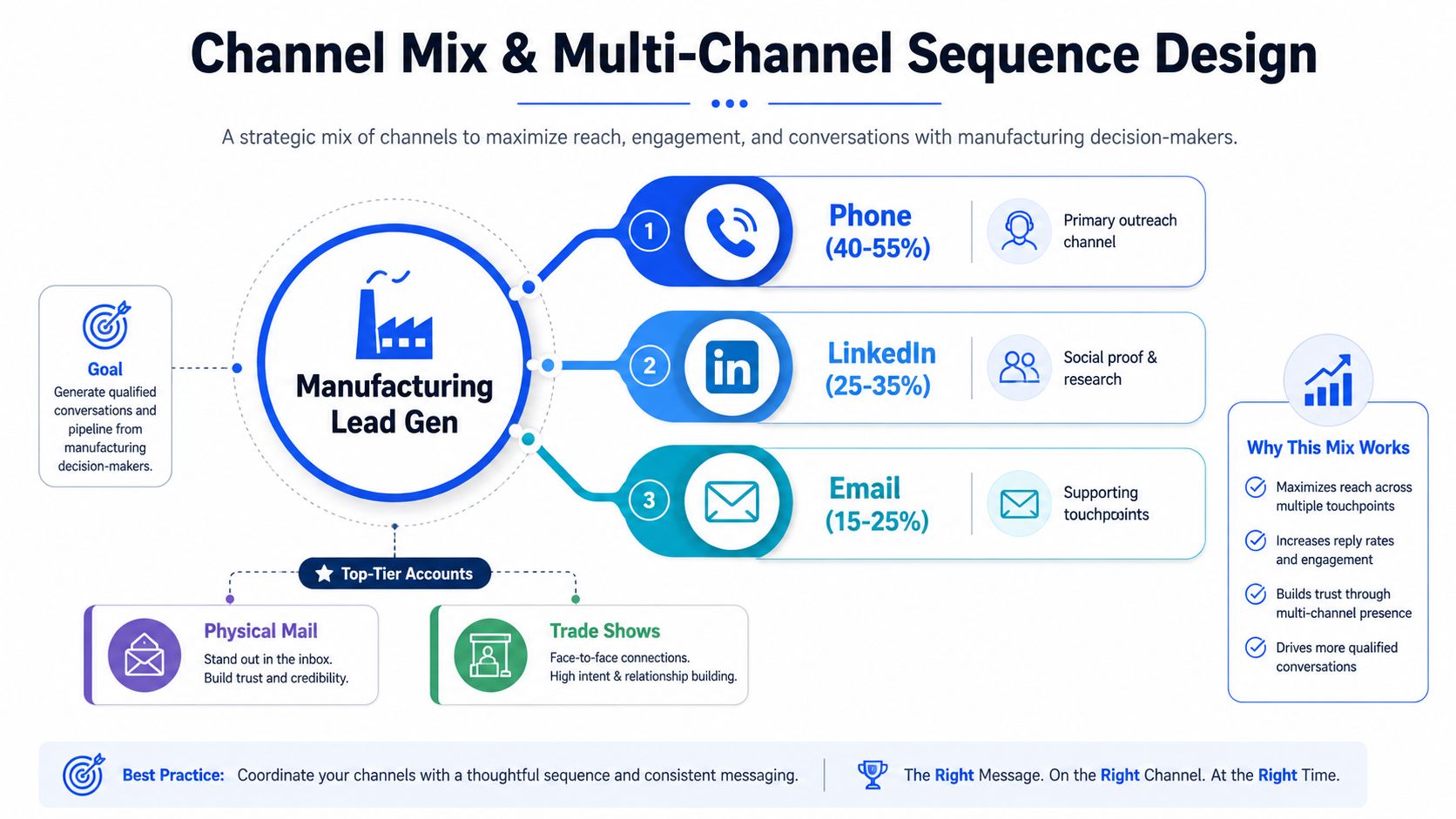 A diagram illustrating a strategic multi-channel lead generation sequence for the manufacturing industry, featuring phone, LinkedIn, and email.