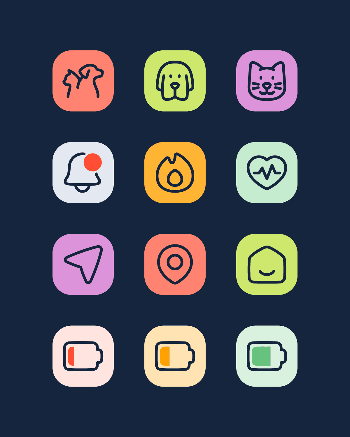 UI icons displayed on colorful backgrounds