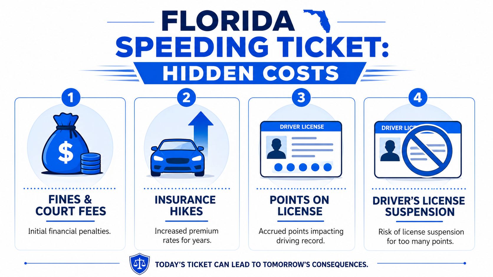 An infographic detailing four hidden costs of receiving a speeding ticket in the state of Florida.
