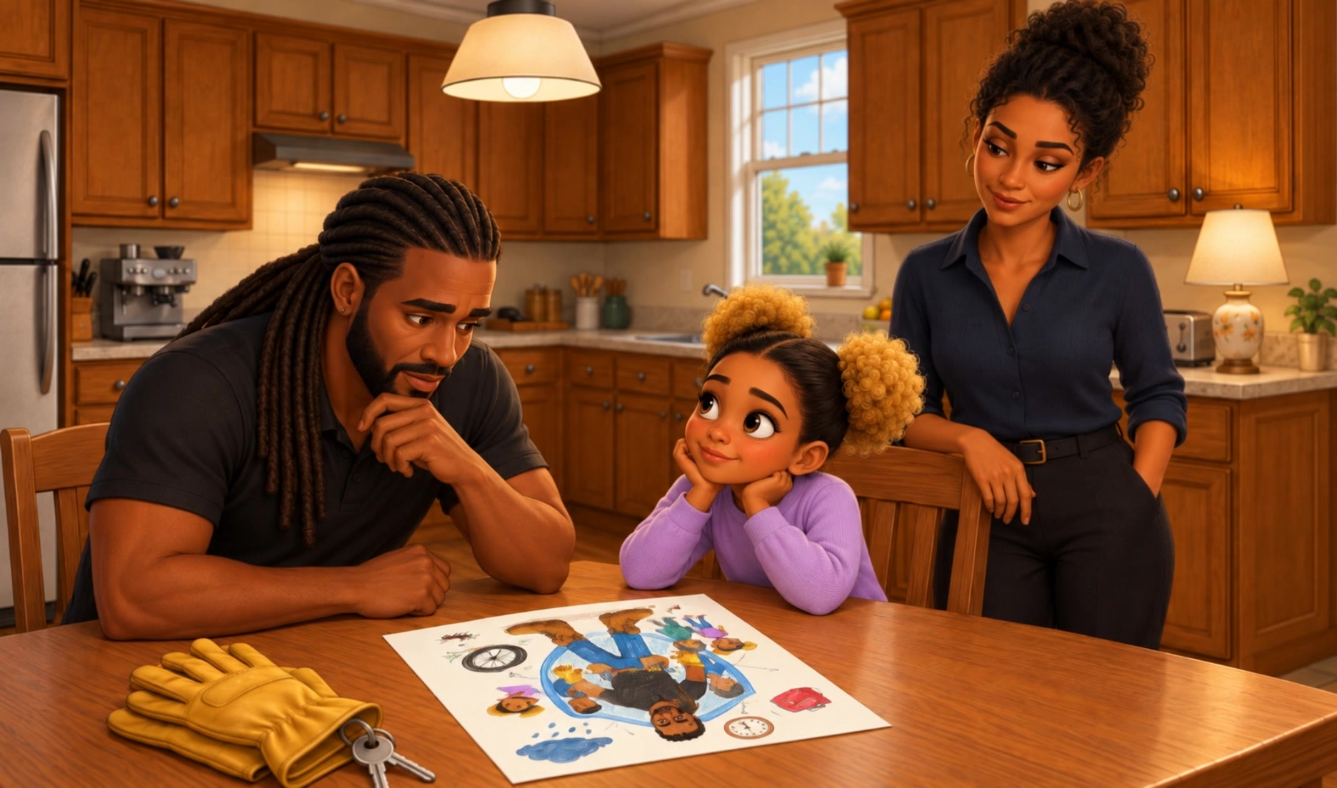 Marcus and Zoey at the kitchen table, with Sofia beside them.