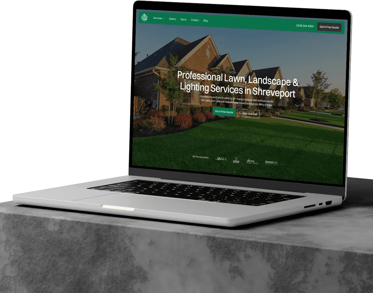 Barefoot Lawns & Lights Website designed by DesignPing displayed on a Laptop siting on a concrete slab.
