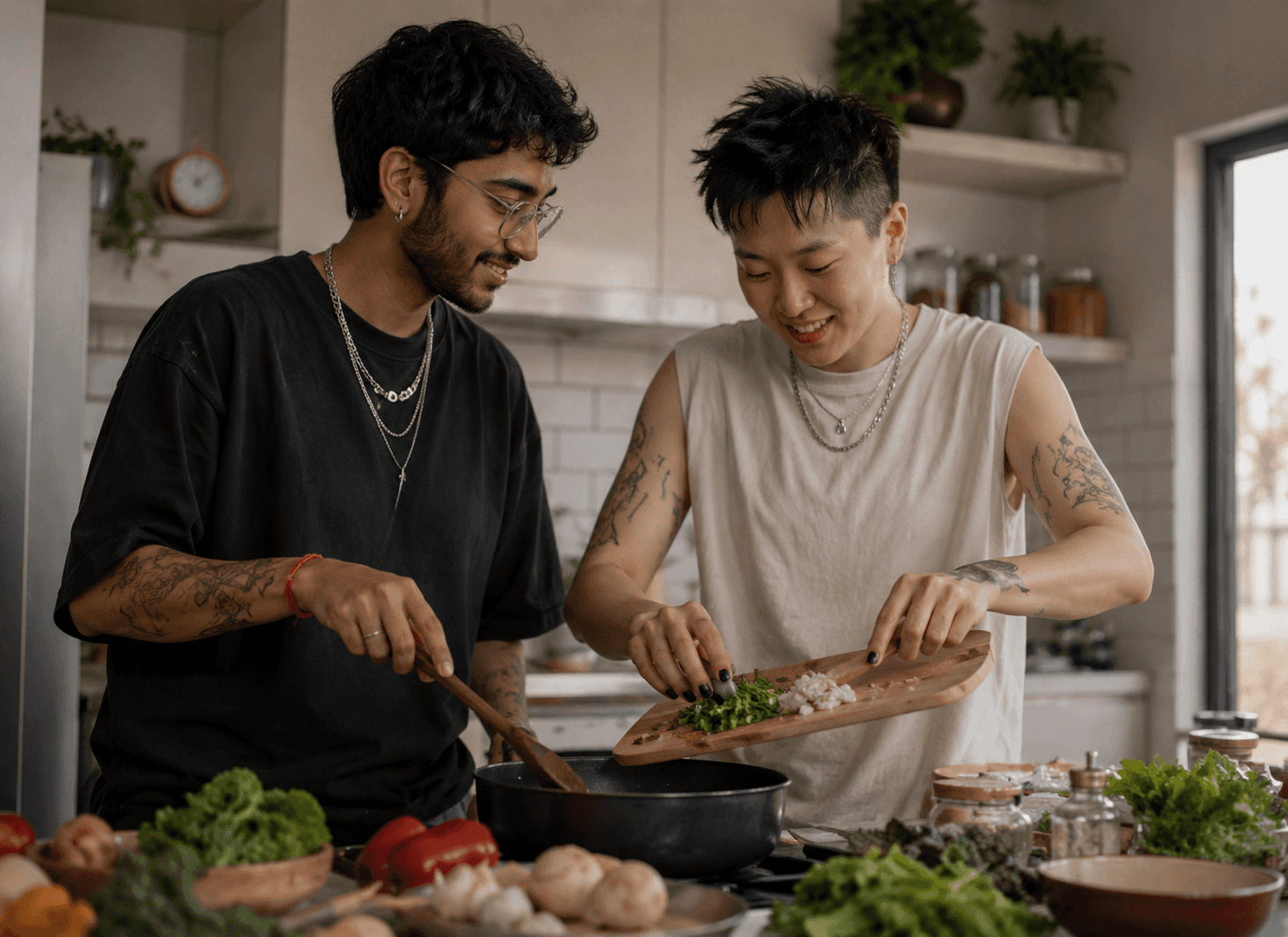 Two friends preparing food together in a warm home kitchen