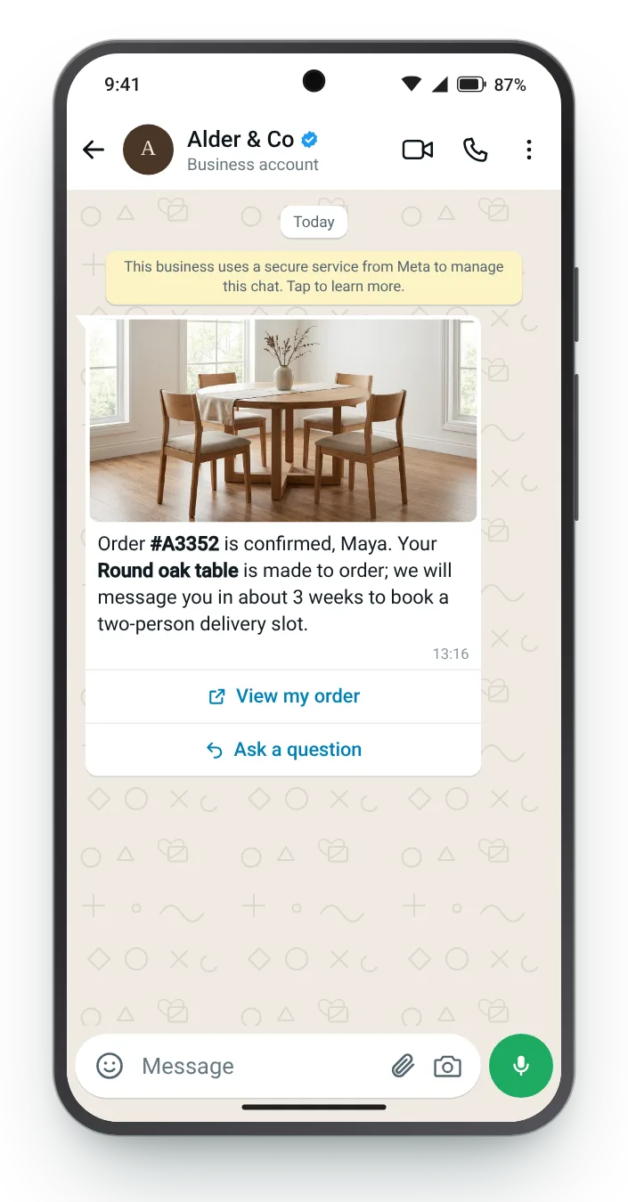 Furniture: what happens next: WhatsApp order confirmation on an Android phone