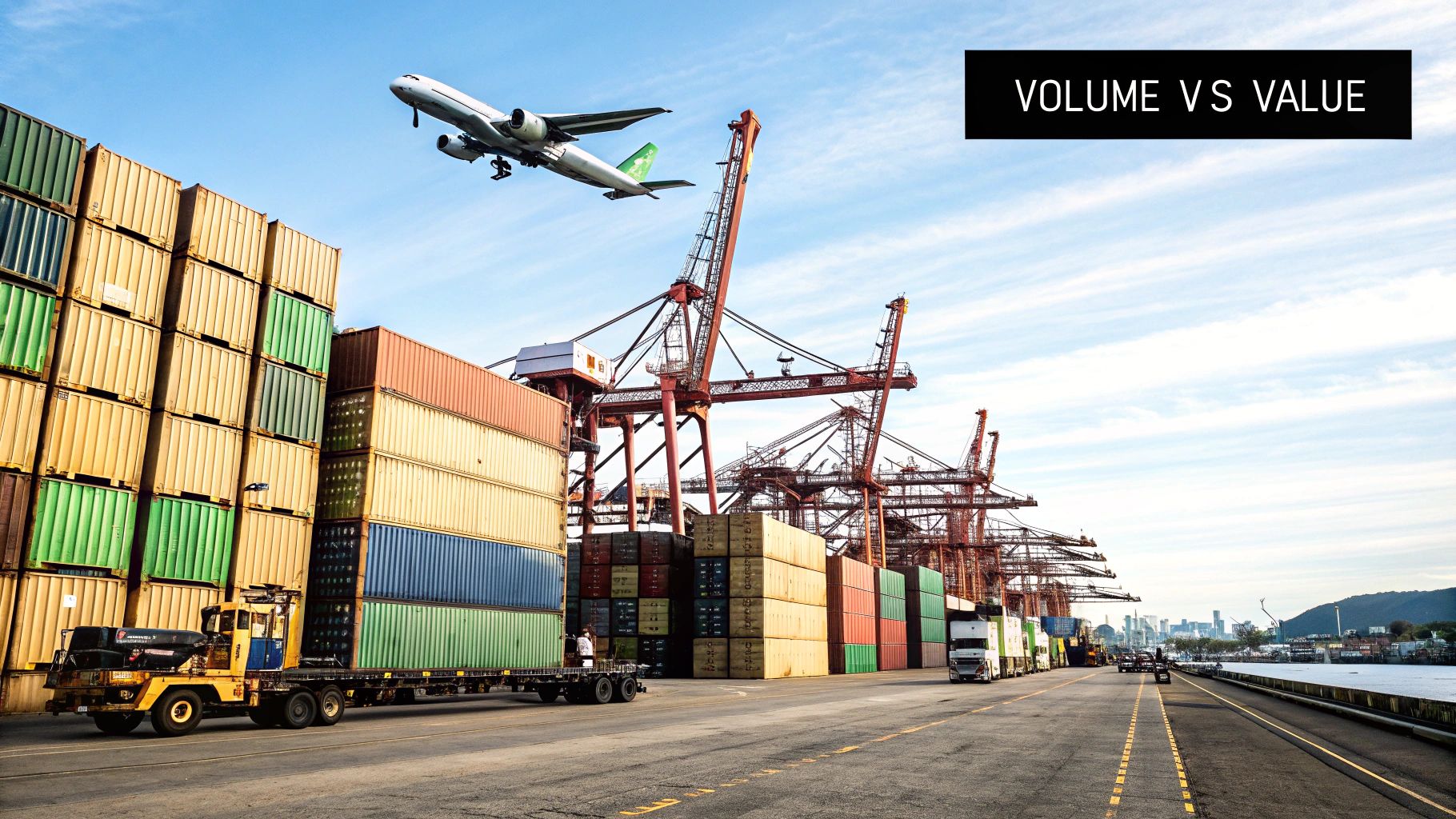 Container ship and cargo plane illustrating global trade