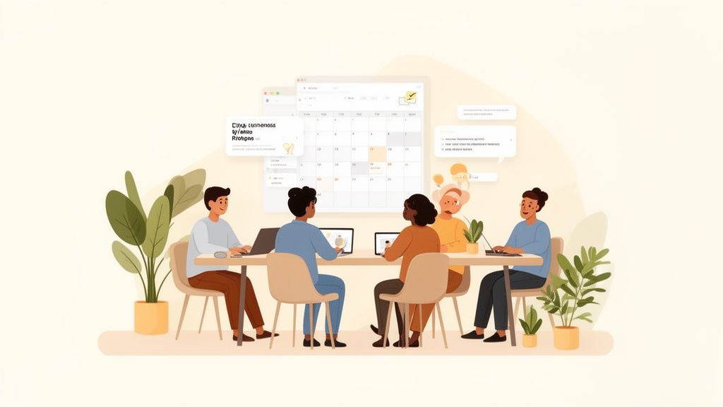 Five diverse people collaboratively working on laptops around a table with a large calendar display.