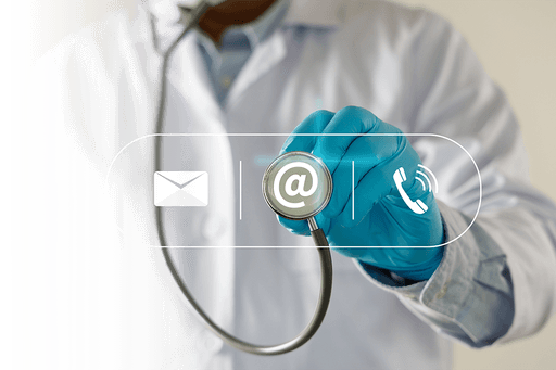 A doctor points at a floating user interface with a stethoscope