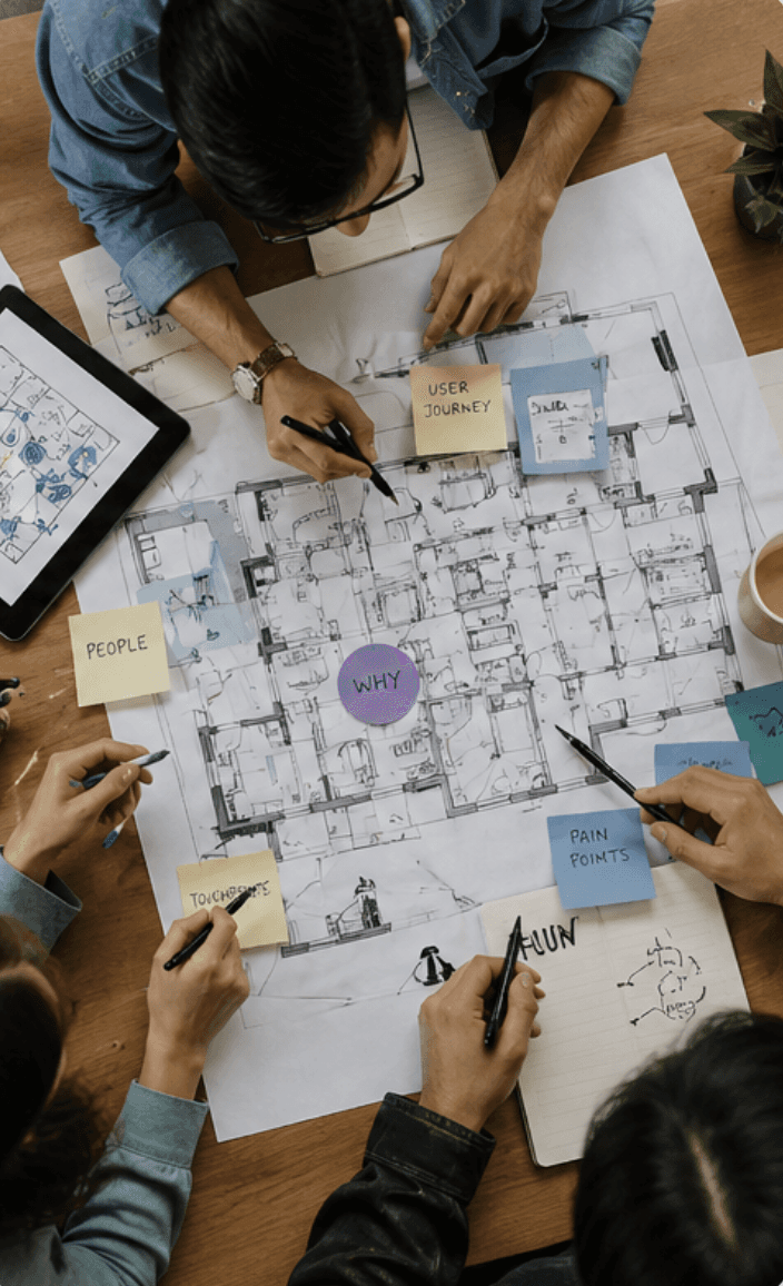 Group collaborating over a large plan with notes and sketches, mapping ideas and user journeys together.