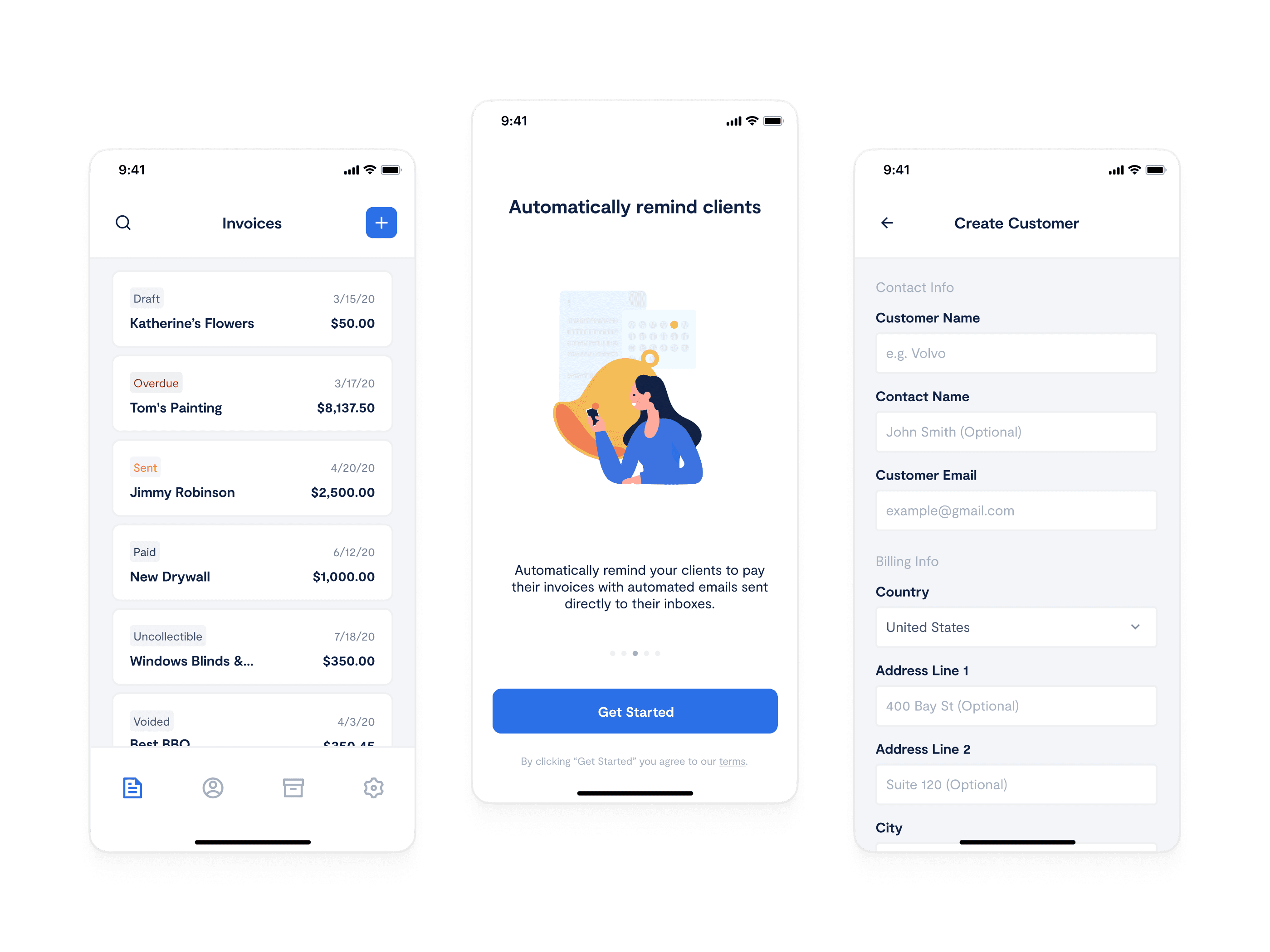 Three mobile screens showing invoices, a reminder setup, and customer creation form.