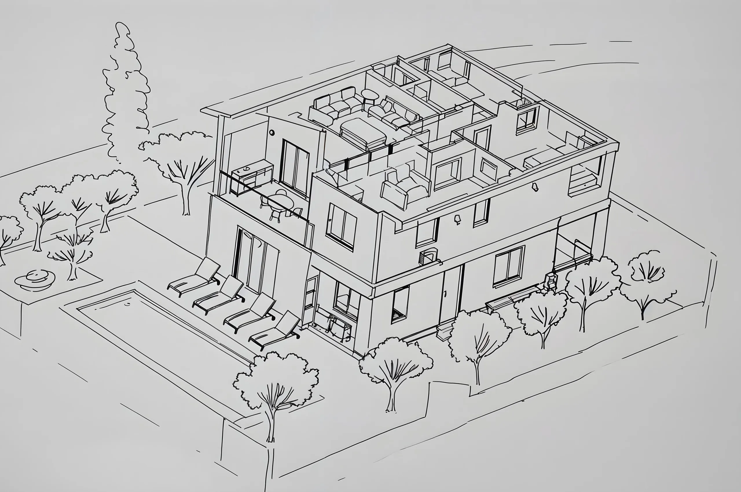 AI-generated architectural sketch render of a modern two-story house created with MINIST.