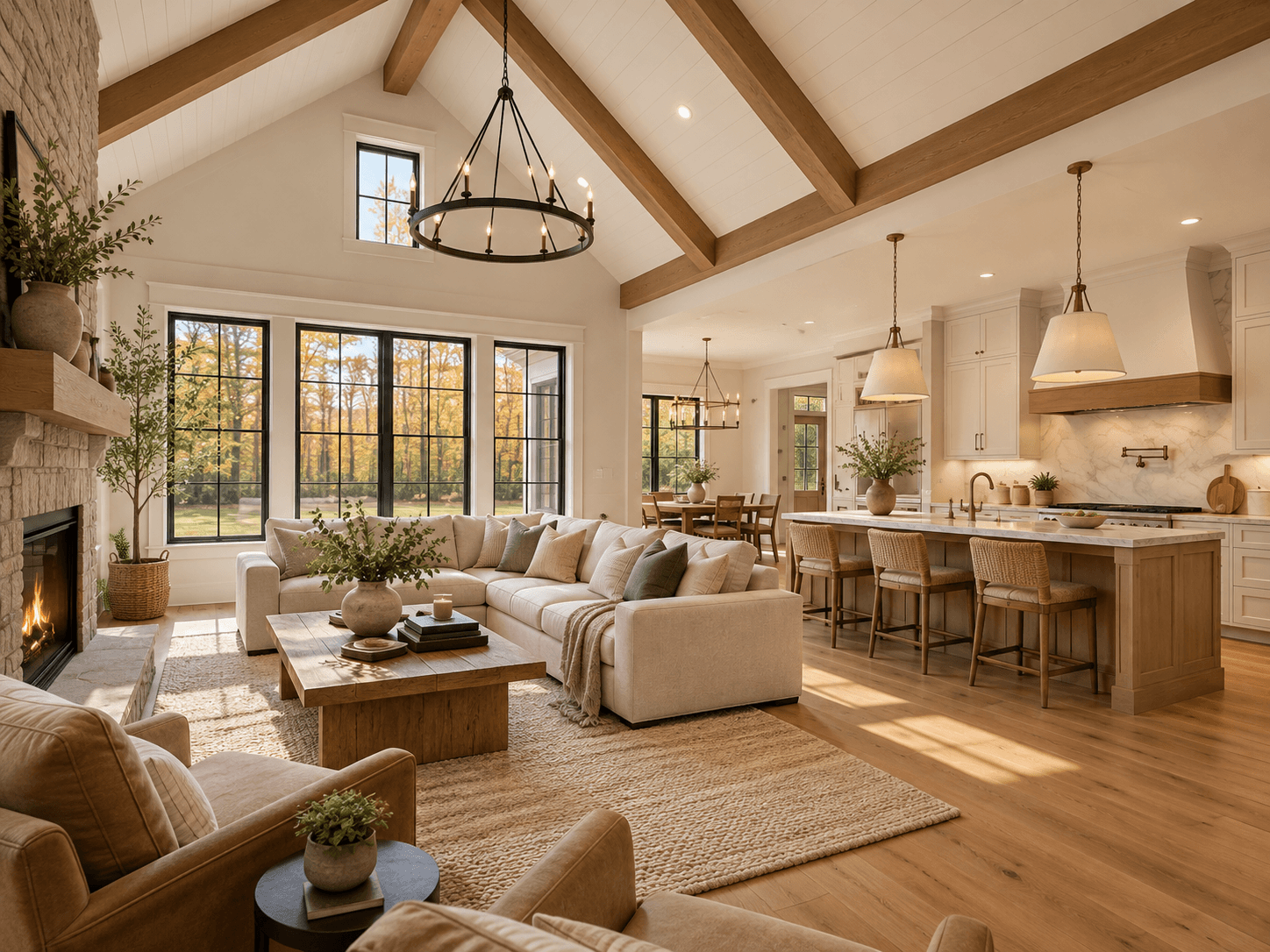 Large open Living Room and Kitchen with cathedral ceilings, exposed beams, and warm modern architectural.