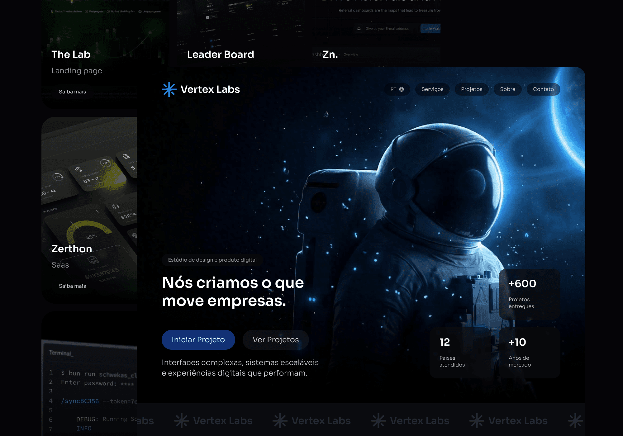 Site do estúdio Vertex Labs com interfaces complexas e sistemas escaláveis - projeto do Studio Responsivo