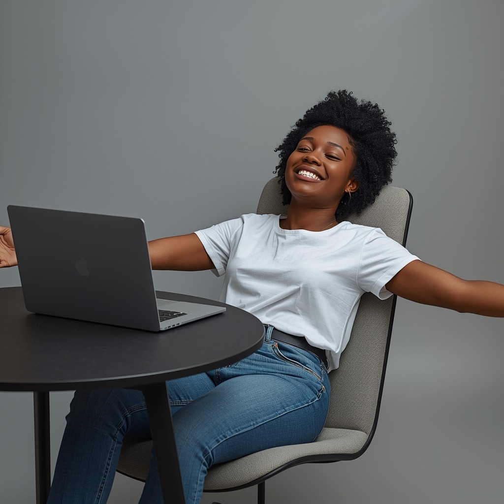 A person with glasses and a beard smiles warmly while working on a laptop at a desk. The setting is casual and relaxed, with a neutral background