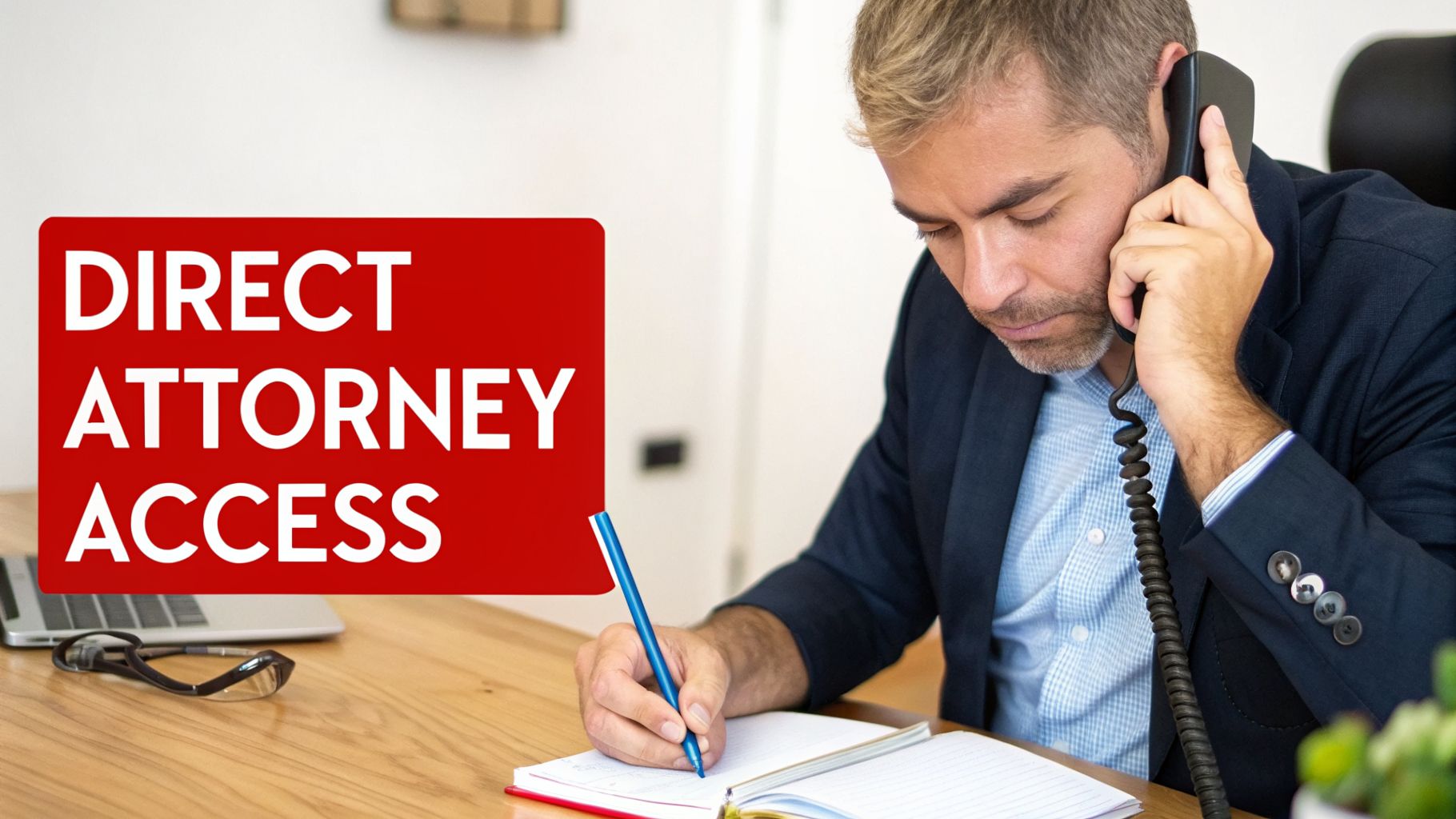 A man on the phone writing at a desk with a red sign saying 'DIRECT ATTORNEY ACCESS'.