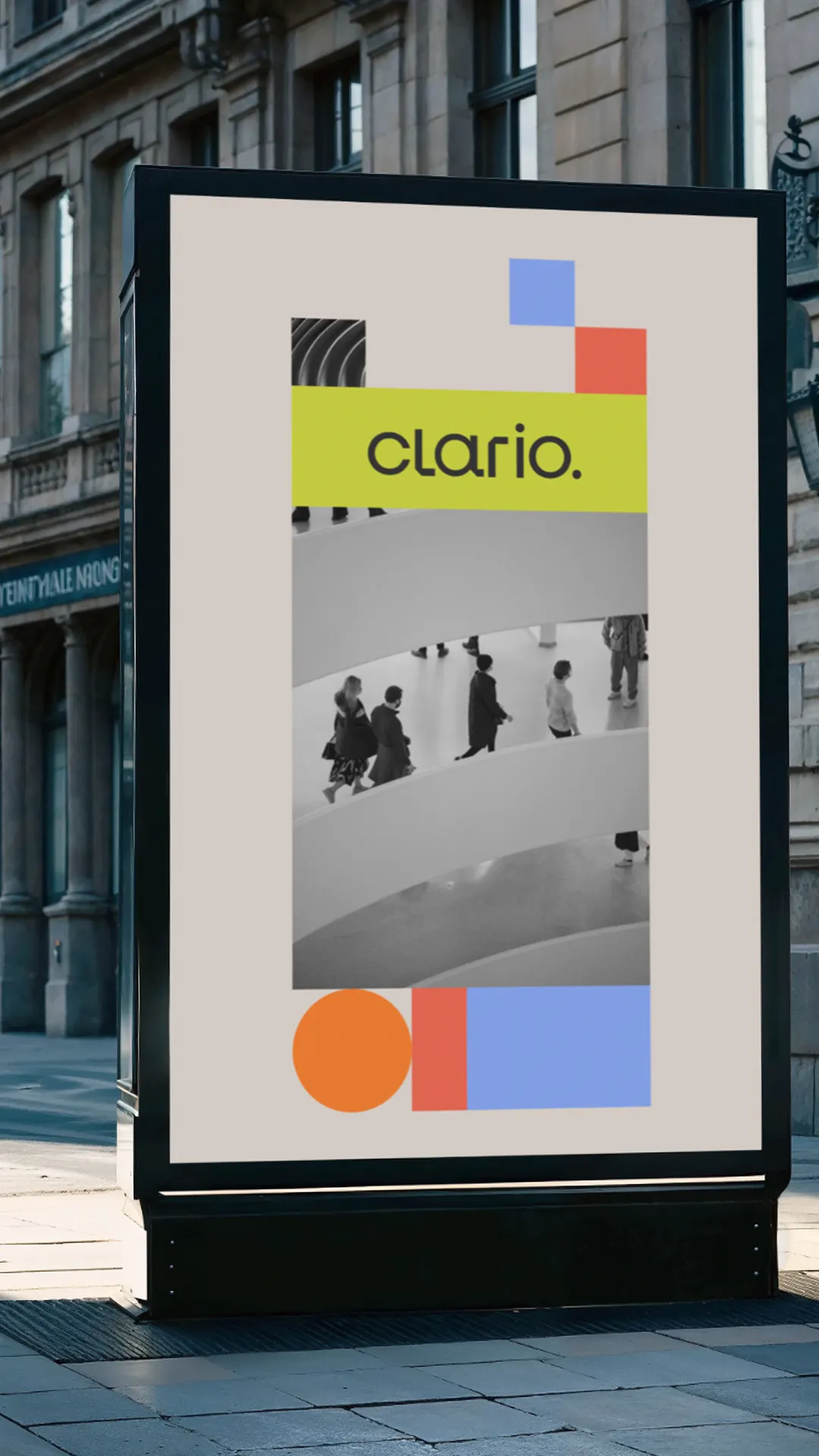 Street kiosk display of a full Clario poster, combining the citrus wordmark, black-and-white photography, and geometric color blocks.
