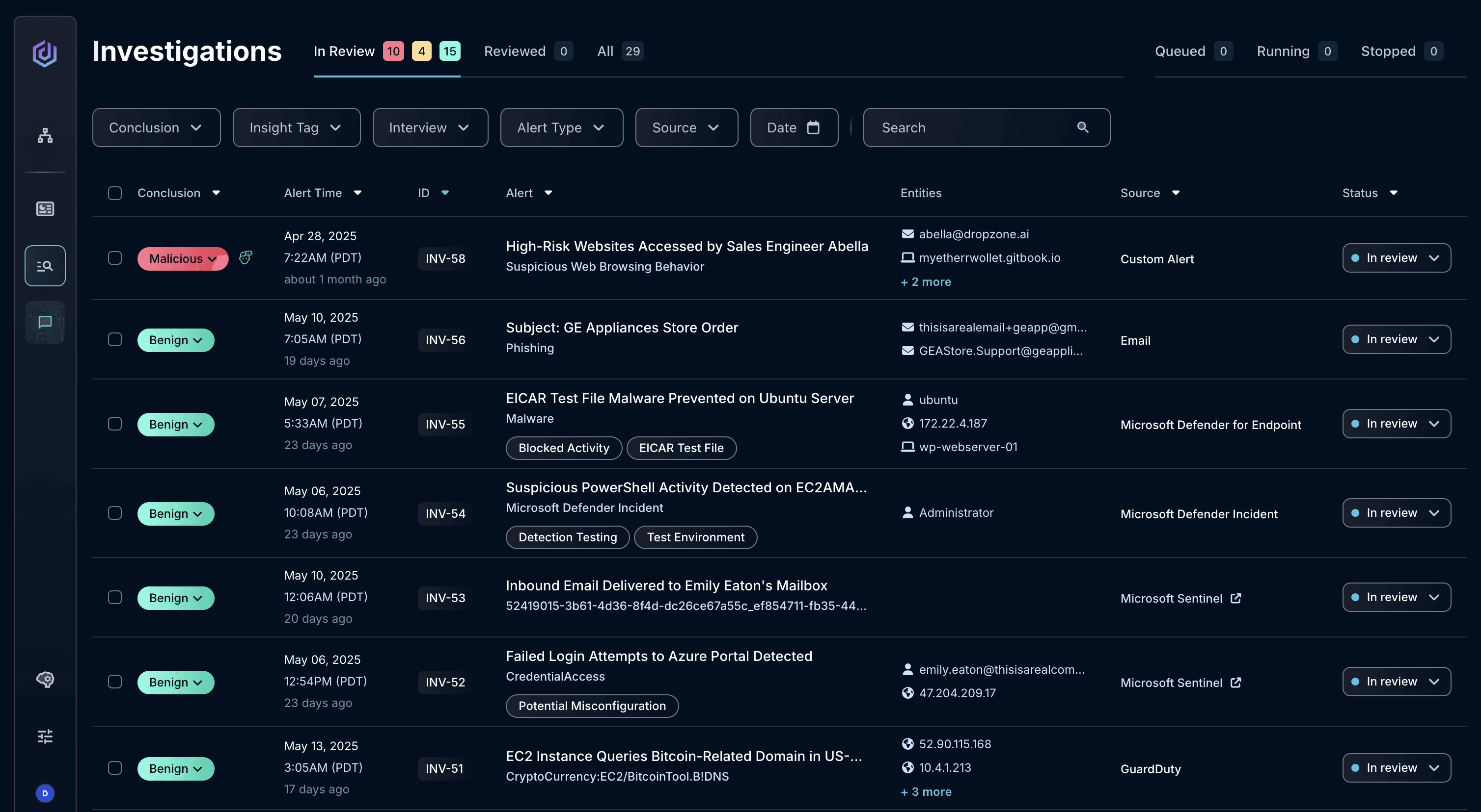 Dropzone AI investigations list showing alert conclusions and review statuses.