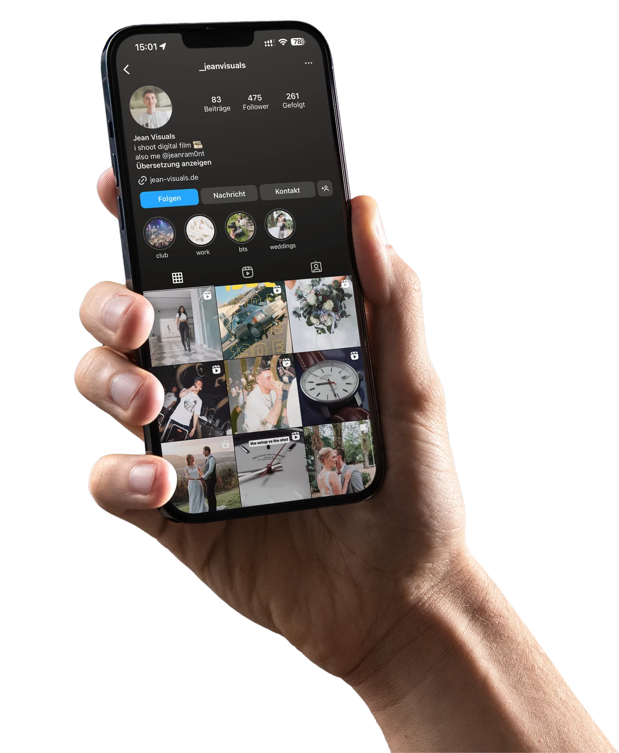 Mobiltelefon Mockup mit Instagram Screenshot vom Hochzeitsfotografen Jean Visuals (Auftragsradius Saarland und Rheinland-Pfalz)