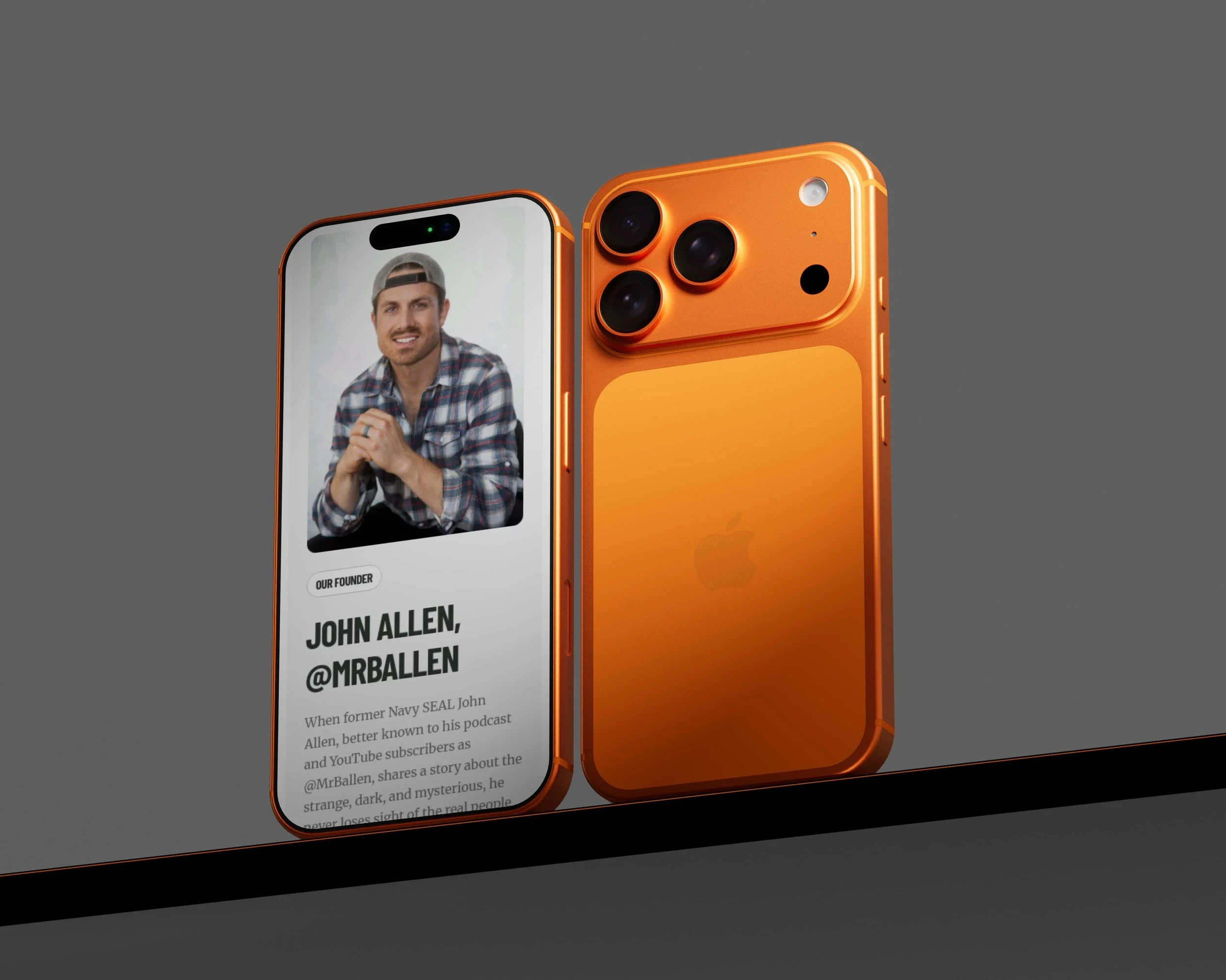 Orange iPhone 15 Pro with John Allen's profile displayed on screen.