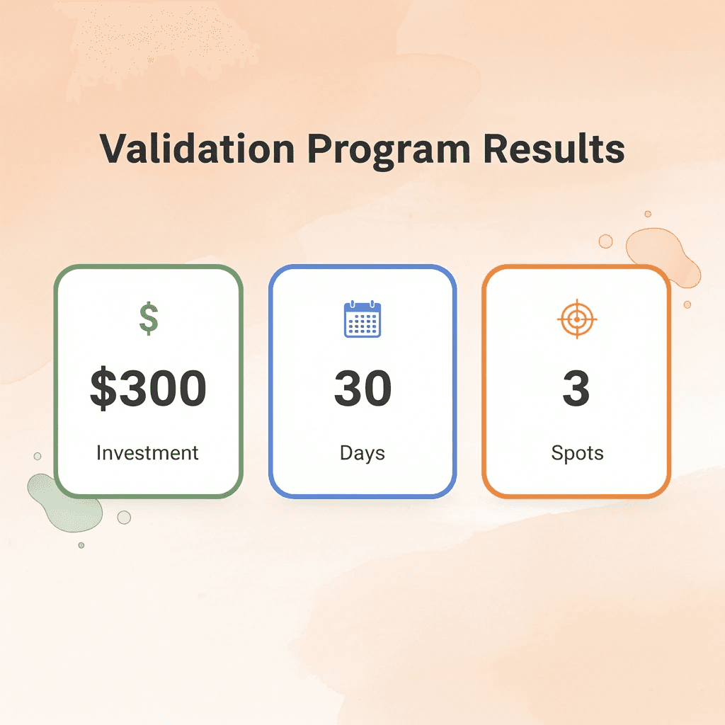 Infographic showing validation program key metrics: $300 investment, 30-day timeline, 3 available spots