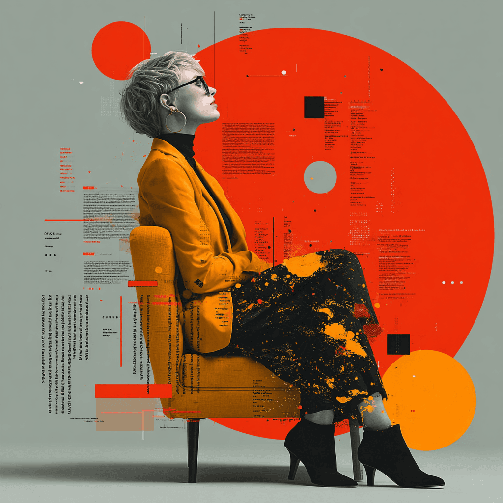 Professional woman seated in a modern armchair, wearing a mustard blazer and glasses, surrounded by bold red and orange abstract data visualisations and code fragments. The image conveys the tension and complexity executives face during AI budget season, highlighting themes of rapid technological change, organisational politics, and decision-making pressure in boardrooms.