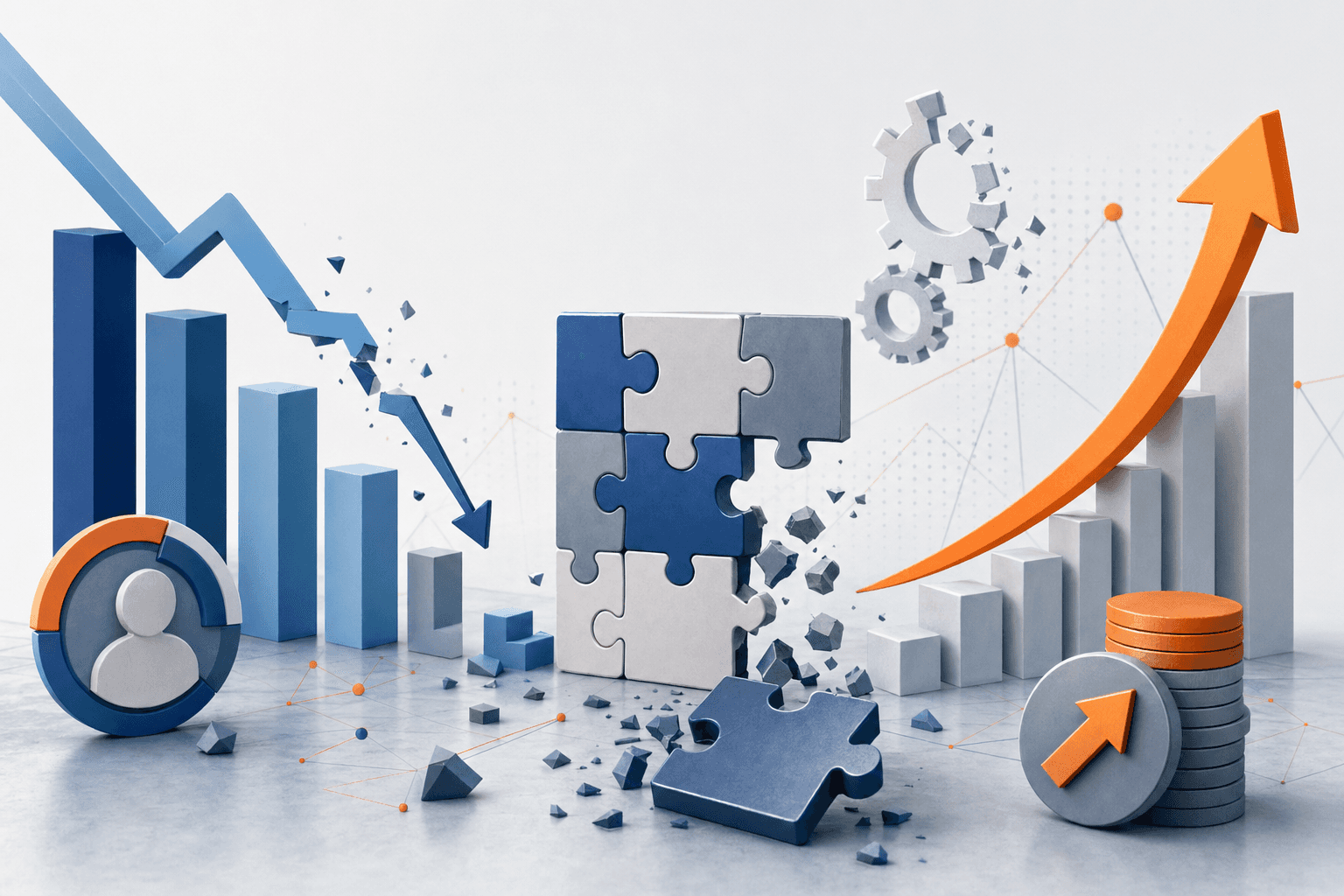 A modern, minimalist business illustration showing the cascading impact of skills gaps in an organization. Visualize declining productivity through abstract geometric shapes, falling bars or trends, fragmented puzzle pieces representing missing capabilities, and upward trending cost arrows. Use a professional color palette with blues, grays, and accent orange. Clean, contemporary style with depth and dimension, showing interconnected business elements breaking apart or misaligning to represent organizational friction and unrealized potential.
