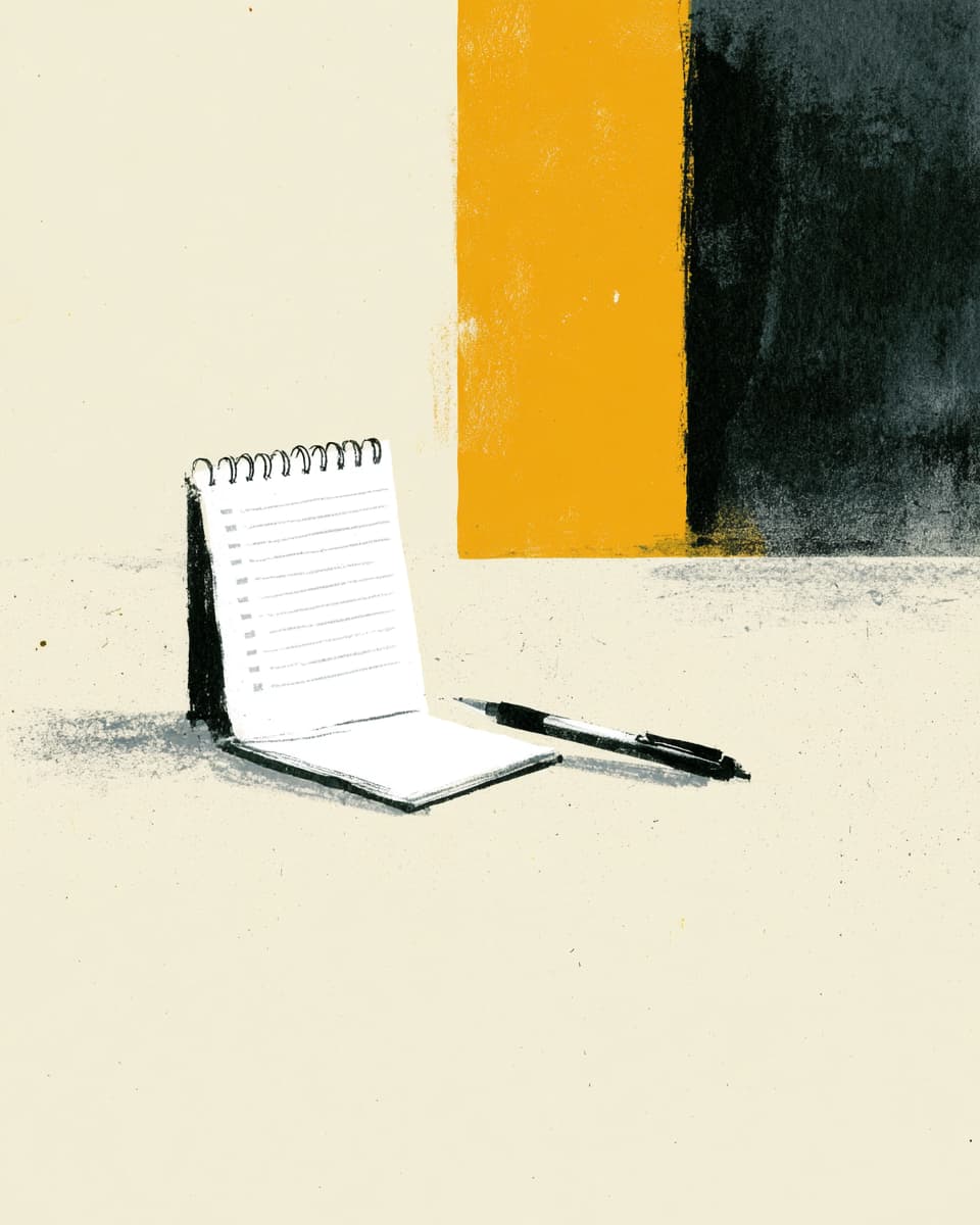 Notizblock mit Stift auf beigem Hintergrund. Skizze